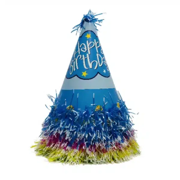 Blue Happy Birthday Party Hat with Glitter and Tinsel Decoration